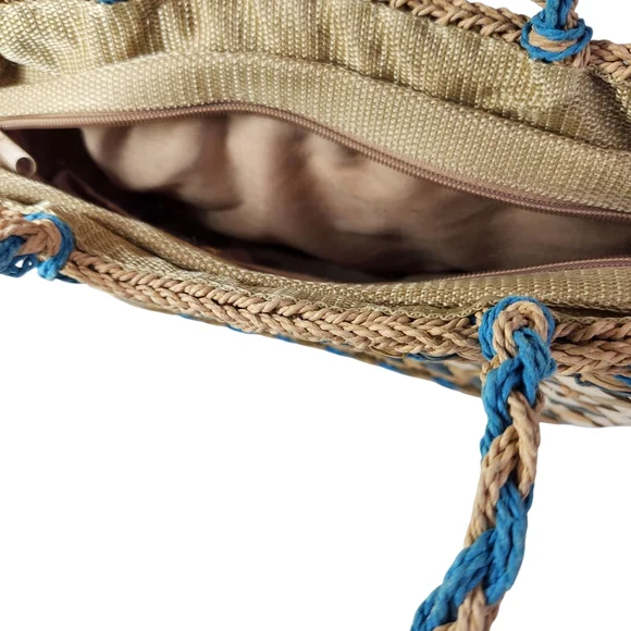 Vintage Woven Corn Husk Straw Tote Bag Purse Small Bohemian Beach Blue Braided - Picture 6 of 10